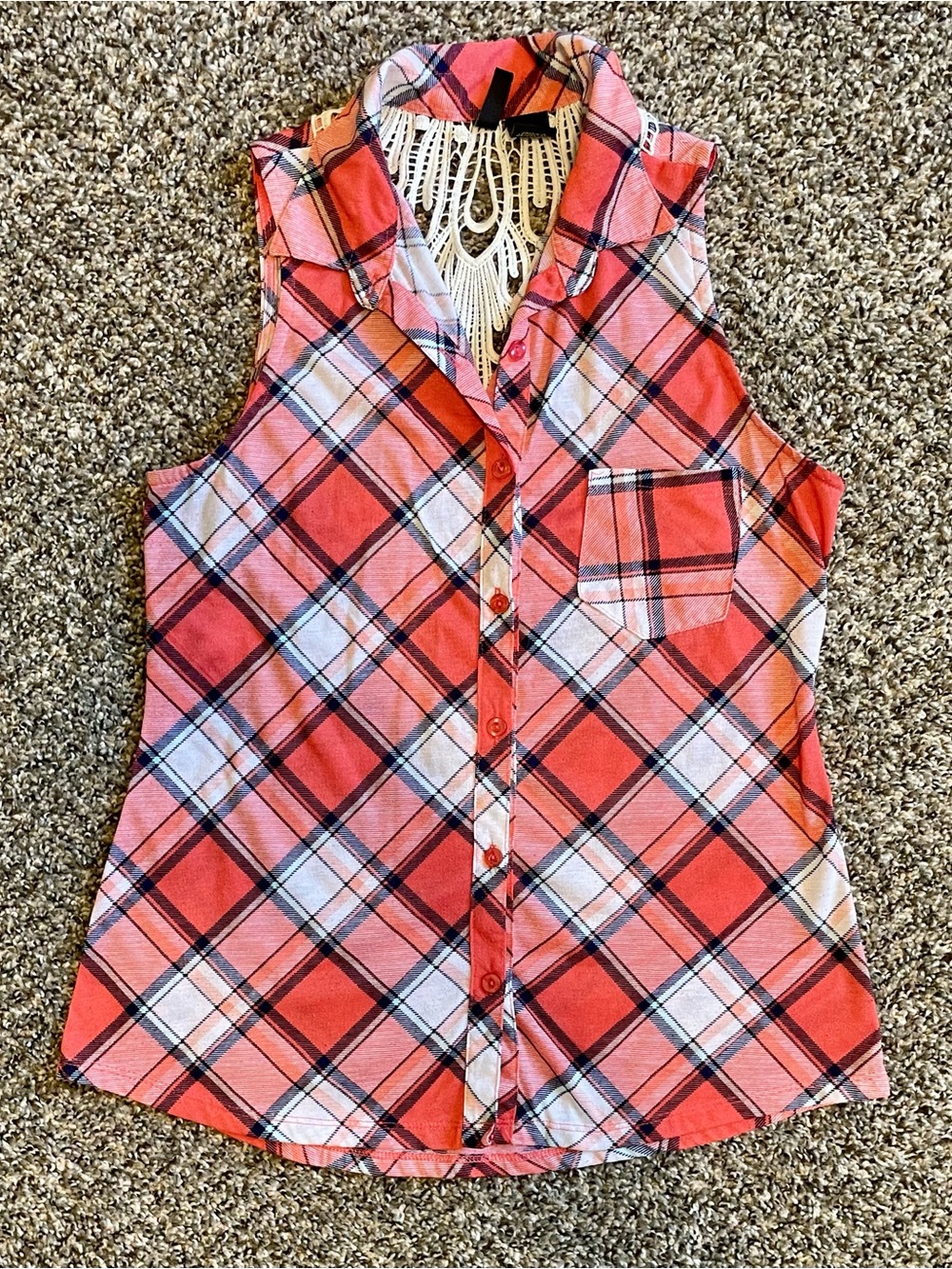 Ultra Flirt Coral Plaid Sleeveless Button Front Tank Size Juniors Small